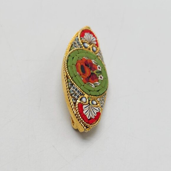Micro Mosaic Floral Multicolor Brooch Dark Gold Tone Metal Unmarked Pin - Picture 2 of 4